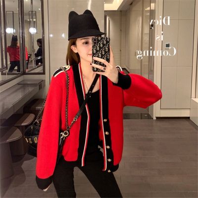 Contrasting Color Knitted Cardigan Women Loose Lazy Casual Red Sweater Coat V-neck Striped Autumn Winter Pockets Female
