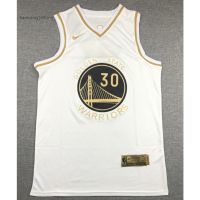 2020 ใหม่ NBA ผู้ชาย Golden State Warriors #30 เสื้อยืดบาสเก็ตบอล ปักลาย Stephen Curry Gold Edition สีขาว