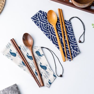 Spoon Chopsticks Fork Cutlery Wooden Tableware Cloth Bag Environment Students Dinnerware Portable Travel Kitchen Accessories Flatware Sets