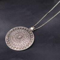 1pc Silver Plated Large Mandala Flower Pattern Charm Bohemian Style Metal Round Tag Necklace DIY Vintage Jewelry Crafts Gift Fashion Chain Necklaces