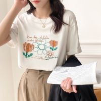 ✴✢ 51217 Printed Short-Sleeved T-Shirt Pure Cotton Round Neck Top Women