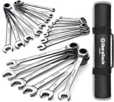 DURATECH Ratcheting Combination Wrench Set, SAE &amp; Metric, 22-piece, 1/4″ to 3/4″ &amp; 6-18mm, CR-V Steel, with Carrying Bag 22-Piece, SAE&amp;Metric