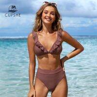 hotx 【cw】 CUPSHE V-neck Ruffled High-waist Sets Swimsuit Pieces Swimwear 2023 New Beach Bathing Suits