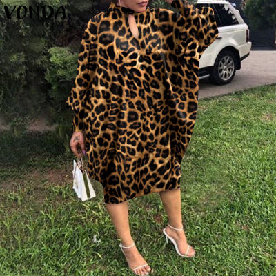 (จัดส่งฟรี)Fancystyle VONDA ผู้หญิงเสือดาวเสื้อพิมพ์ลายชุดขนาดใหญ่ Midi ชุดกระโปรงสวมหัวเสื้อลายเสือดาว