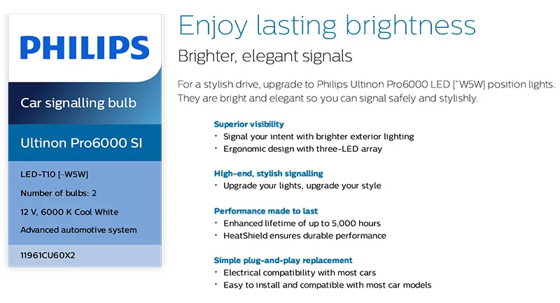 Philips Ultinon Pro6000 LED car signaling bulb W16W white