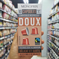 Monoprix Capsules Compatibles Nespresso Doux โมโนพรีกซ์ คอมแพตทิเบิ้ล ดุ๊ กาแฟแท้คั่วบดชนิดแคปซูล 10 แคปซูล