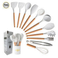 1012PCS White Premium Silicone Utensils Set Non-Stick Spatula Shovel Wooden Handle Cookware With Storage Kitchen Tools