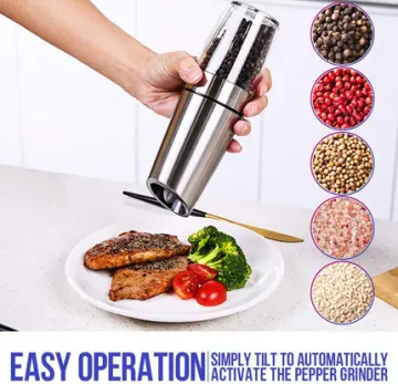 1pc Set Gravity Electric Pepper Grinder, Salt Or Pepper Grinder And  Adjustable Coarseness, Battery Operated With LED Light, One Hand Automatic  Operation, Stainless Steel