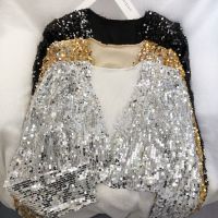 glitter jacket เสื้อแจ็กเก็ตคาร์ดิแกน แขนยาว คอวี ประดับกลิตเตอร์ สีดํา สีทอง สีเงิน สําหรับผู้หญิงAIXIN