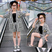 2021 Child office Clothing autmn Patchwork striped jacket + vest shirt + Girl short pants Teenager fashion 8 10 12 14 Years