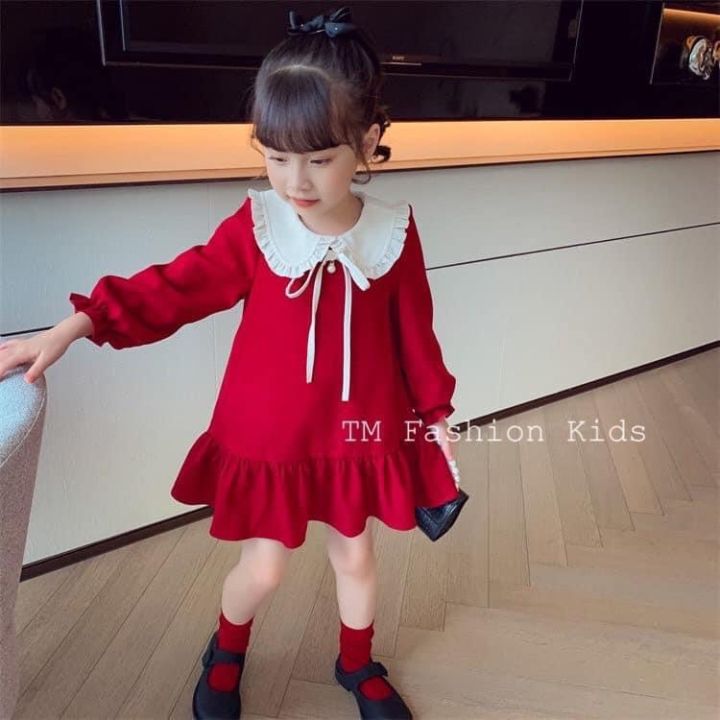 Váy nhung tăm đỏ viền ren cho bé gái  Lazadavn