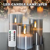 3Pcs Grey LED Candles Durable Glass Electronic Remote Control Candle Decor Home Wedding Festival Decorations