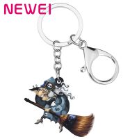 Newei Acrylic Halloween Magic Witch Keychains Print Long Broom Trouser Keyring Jewelry For Women Kid Girls Trendy Festival Gift Key Chains