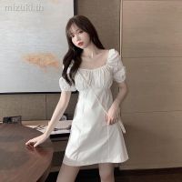 Plain a-line mini dress with short sleeve square neck collect waist dresses for women