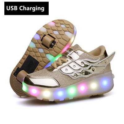 △☃ wheels Orange USB Charging Fashion Girls Boys LED Light Roller Skate Shoes For Children Kids Sneakers With Wheels Two wheels