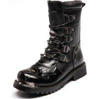 Mens Metal Gothic Mid-Calf Boots Punk R หนังรถจักรยานยนต์รองเท้าชายรองเท้า Army รองเท้าผู้ชายทหารรองเท้าคาวบอย Snow Boots