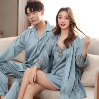 （ใหม่）ผู้ชายคราบผ้าไหมชุดนอนชุดผู้ชาย39; S Sleepwears ผู้ชายเซ็กซี่นุ่ม Homesatin Nightgown คู่เลานจ์ชุดนอนชุดนอนคนรักบ้าน