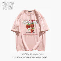 HUANGYOYO เสื้อยืดแขนสั้นสำหรับผู้หญิงผ้าฝ้าย100% สตรอเบอร์รี่พิมพ์ลายสวย