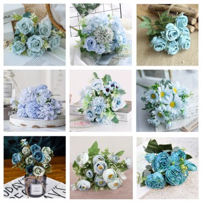 （A SHACK） 1ช่อสีฟ้าดอกไม้ประดิษฐ์ดอกโบตั๋น T Eaautumn ผ้าไหมดอกไม้ปลอมสำหรับ DIYRoomWedding ตกแต่ง
