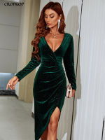 y Velvet Long Dress Women Elegant Green Slit Ruched Sequin Party Dresses Spring Basic 2022