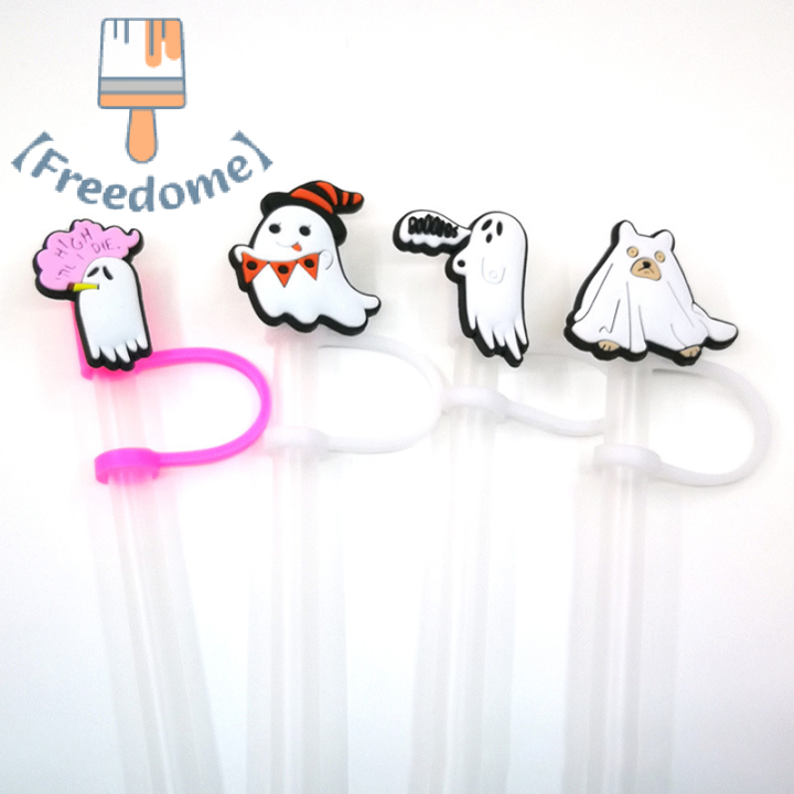 freedome-หลอดซิลิโคนลายฮาโลวีนรูปผีหัวกะโหลกนำกลับมาใช้ใหม่ได้หมวกฟางสำหรับตกแต่งงานปาร์ตี้รูปตัวการ์ตูนน่ารัก