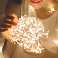 Cherry Blossom Flower Garland Lamp Battery/USB Operated LED String Fairy Lights Crystal Flowers Indoor Wedding Christmas Decors