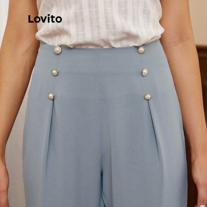 lovito-กางเกงผ้านุ่ม-หรูหรา-สีพื้น-มีกระดุม-ทรงพลีท-ขากว้าง-l17d115-สีฟ้า