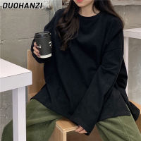 DUOHANZI เสื้อยืดแขนยาวผู้หญิงแฟชั่นเกาหลีหลวมสีทึบยาวแขนยาวเสื้อยืด