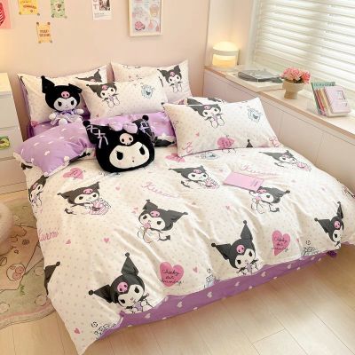 Sanrios ฟิกเกอร์อนิเมะ Kuromi Melody Cinnamoroll สี่ชุดเครื่องนอนสำหรับเด็กเตียงน่ารักผ้าห่มปลอกหมอนชุดเครื่องนอน