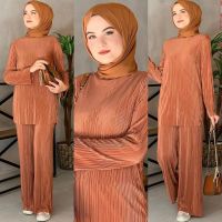 COD SDFERTGRTYTYUYU Fashion Muslimah Womens Suit Loose Casual Pleated Wide Leg Pants and Two-Piece Top