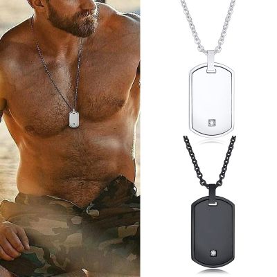 【CW】Stainless Steel Mens Dog Tag Necklace with Cubic Zirconia Stone Pendent Men Jewelry