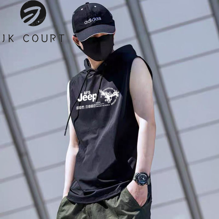 jk-court-เสื้อกั๊กสะพายไหล่สำหรับผู้ชาย-เสื้อเสื้อยืดแขนกุดอินเทรนด์เสื้อสีทึบฮิปฮอปรุ่นเกาหลีแบบหลวมและหล่อฤดูร้อน