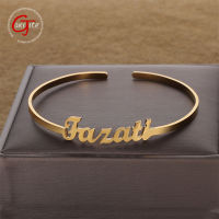 Goxijite Custom Women Stainless Steel Name Bangle Personalized 3mm Gold Initial Name Open Bangles Bracelets Memorial Gift