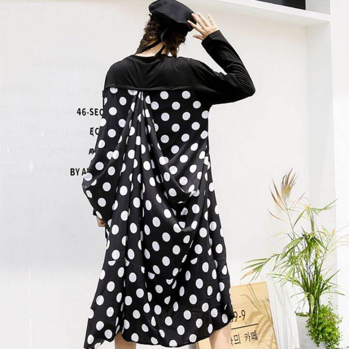 xitao-dress-long-sleeve-false-pieces-polka-dot-dress