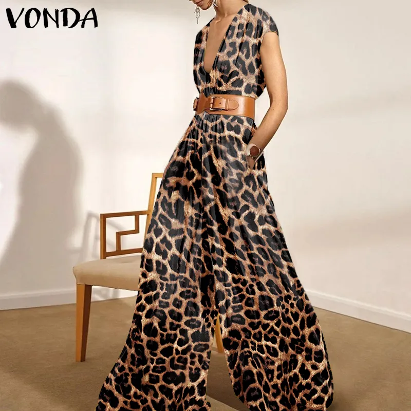 VONDA Womens Formal Retro Jumpsuits Leopard Print Playsuits