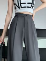 ♘ Gray suit pants for women summer thin small high-end drapey ice silk wide-leg pants straight casual floor-length trousers