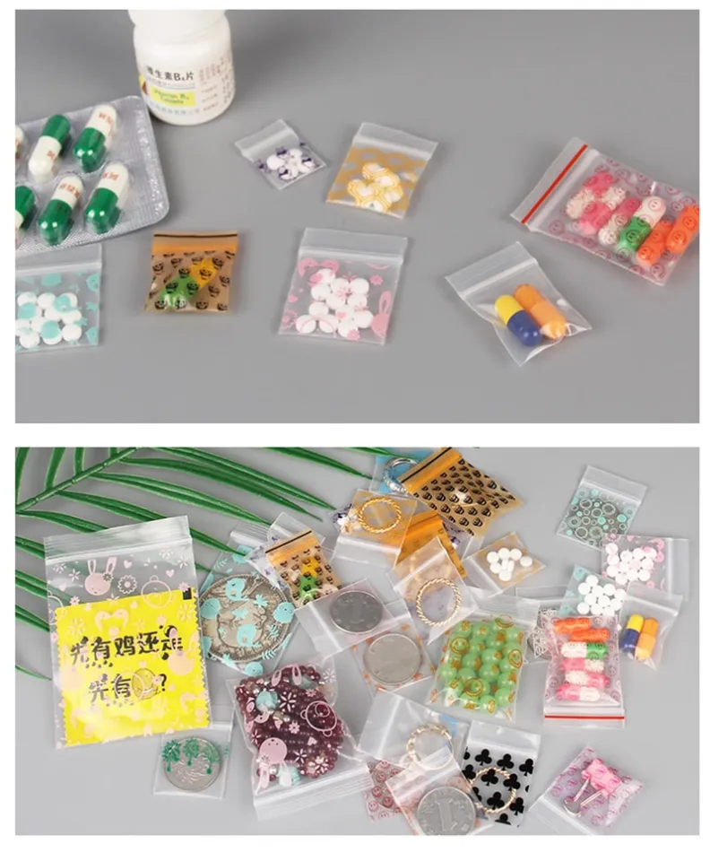 100pcs Random Mix Ziplock Pill Jewelry Packaging Plastic Pouches Mini Cute  Zip lock Bags Plastic Packaging Bags Thick 0.24mm