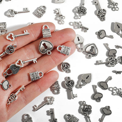 20/30Pcs ขนาดเล็กล็อกกับกุญแจโบราณเงินชุบสังกะสีเครื่องประดับอัญมณี DIY จี้ Charms ทำ