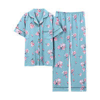 Summer casual full pure cotton women pajama sets cute pink short sleeve tops + long pants 2 pieces sleepwear women pyjama femme