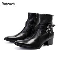 Batzuzhi รองเท้าบูทสำหรับผู้ชาย,รองเท้าบูทคาวบอยตะวันตกสไตล์ร็อคทรงสั้นหนังสีดำปลายแหลมทำจากโลหะรองเท้าบูทอัศวินสำหรับผู้ชาย