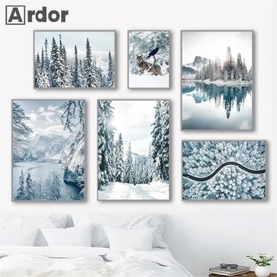 ฤดูหนาวหิมะภูมิทัศน์ภาพวาดผ้าใบ Lake Mountain Forest โปสเตอร์ Tiger Deer พิมพ์ Nordic ภาพผนังห้องนั่งเล่นตกแต่ง