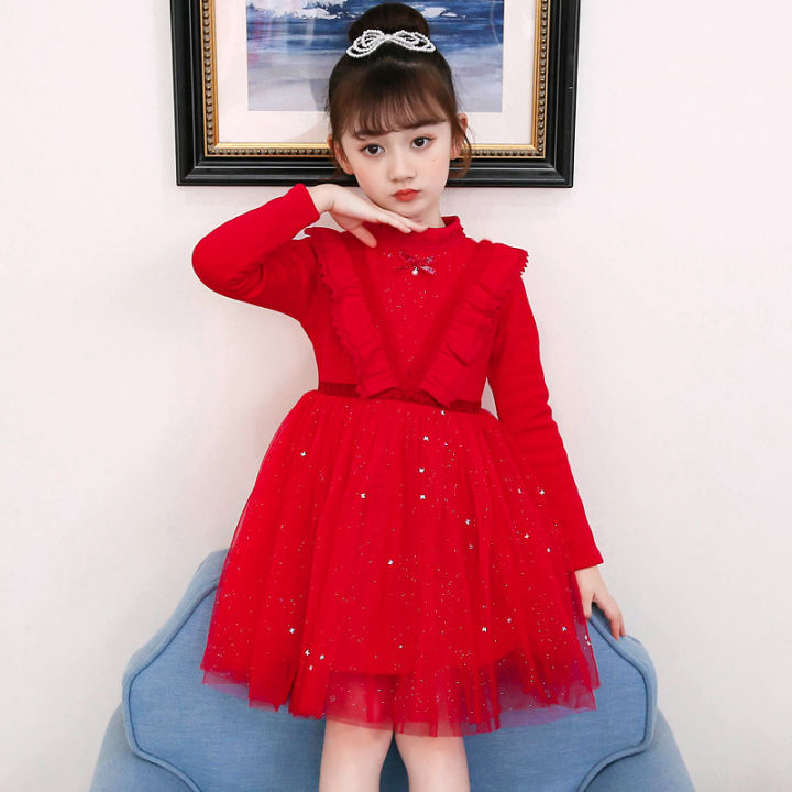 สีแดงสาวเจ้าหญิงชุด-a-line-ฤดูใบไม้ร่วงฤดูหนาวชุดคริสต์มาสเวอร์ชั่นเกาหลีเจ้าหญิงตาข่ายชุดขนแกะแขนยาว