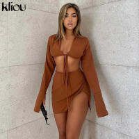 Kliou Side Slit Two Piece Set Women Skirt Elegant Sexy Cleavage Ribbon Lace Up Flare Sleeve V-Neck Hot Female Streetwear Outfit