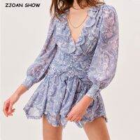 hjk 2022 Floral Print Wood ears V neck Buttons Ruched Waist Sleeve Robe