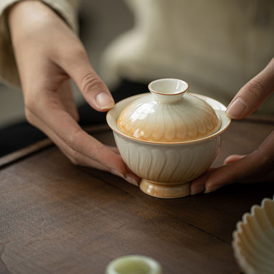 ดอกเบญจมาศ Gaiwan สำหรับชาเซรามิคดอกไม้ Tureen Teaware ชุดสีเหลืองชาจีนชาม Chawan Lily Deng S Store ถ้วยชา