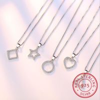 ♠☇ 5 Modle 925 Sterling Silver Crystal Zircon Star Heart Circle Square Pendant Necklace For Women Match 45cm Chain choker kolye