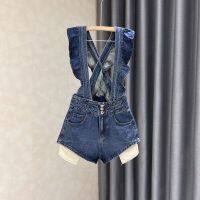 COD jfdss Ready Stock Blue Denim High Waist Overall Shorts Women 2022 Summer Korean Version New Style Ruffled Bib Large Size Slimmer Look Wide-Leg Pants Overalls Girls Clothing Must-Have Womens Cloth