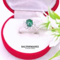 D6414 แหวนหยกพม่าแท้ ( Jadeite type A ) ตัวเรือนเงินแท้ ชุบทองคำขาว มีตอกโค้ด925 ไซส์ 53 แก้ไซส์ฟรี