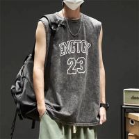 hot【DT】 Denim Men Gothic Print Sleeveless T Shirt Street Washed Punk Top 8XL