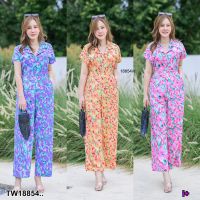 J18854 Jumpsuit #สาวอวบ จั๊มสูทคอปกซิปหน้า ขายาว พิมพ์ลาย #Chubby girl, collar, front zipper, long legs, printed pattern